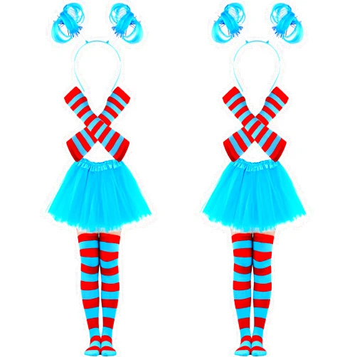Mototo 8 PCS Tulle Tutu Costume Accessories Set, Blue 3 Layered Tulle Tutu Skirt Striped Socks Headband Gloves For Halloween