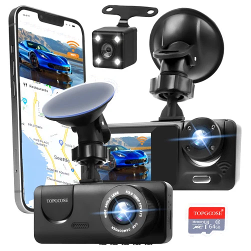 TOPGOOSE 3 Channel Dash Cam WiFi FHD 1080P Car Camera 64GB TF Card,TOPGOOSE Front Dash Camera Front and Rear Inside for Cars,Mini Dashcams with Night Vision,Loop Recording,WDR,G-Sensor, APP