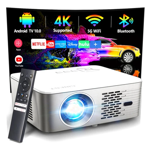 CiBest Projector 4K Support with 5G WiFi Bluetooth, CIBEST Android TV 10 Native 1080P Full-Sealed Optical Engine Home Movie Outdoor Projector with Netflix/Prime Video Built-in, Autofocus, Apps, Stereo Sound
