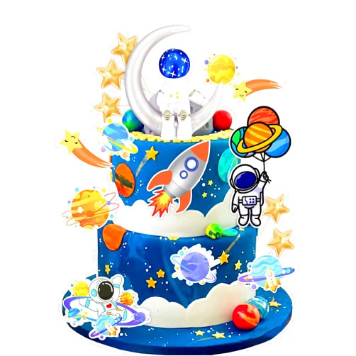 DRWATE 16PCS Astronaut Cake Toppers - Outer Space Astronaut Figurine Meteorite Planet Rocket Stars and Gold Silver Ball Space Theme Cake Decorations for Kids Birthday Party Supplies (1)