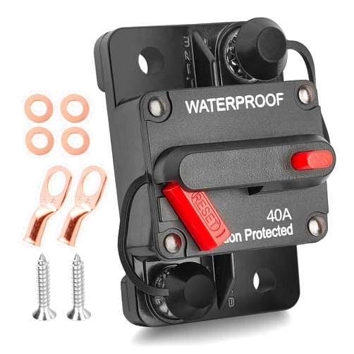 RED WOLF 40 AMP Car Circuit Breaker w/Manual Reset Switch Inline Fuse Holder Inverter for Motor Trolling Vehicles Audio Radio Solar System Protection 12V-48V DC with Wire Lugs Copper Washer Screws