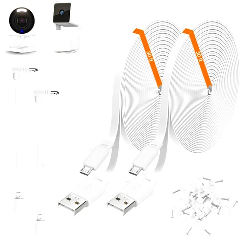 Weishan 2 Pack 30ft Power Extension Cable Compatible with Wyze Cam v4,Wyze Cam Pan v3,Wyze OG,Wyze Cam v3 and v3 Pro Security Camera - 9m Long Flat USB to Micro USB Charging Cord with L-Shaped Adapter, White