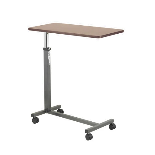 Drive Medical Overbed Table with Wheels - Secure Height Adjustment for Comfort - Non Tilt Surface - Smooth Rolling Design - Home & Hospital Use - Woodgrain Laminate Top - Silver Vein