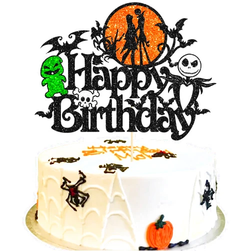Gyufise 1Pc Halloween Happy Birthday Cake Topper Halloween Decorations Black Glitter Half Moon House Pumpkin Ghost Bat Themed Halloween Party Decoration Supplies