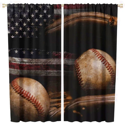 Kazynee Cool Sports Blackout Curtains - Shabby Baseball on Vintage Wooden Boards American Flag Rod Pocket Window Drapes Set Energy Saving Thermal Insulated Drapes for Living Room Nursery,2 Panels 45L x 21W