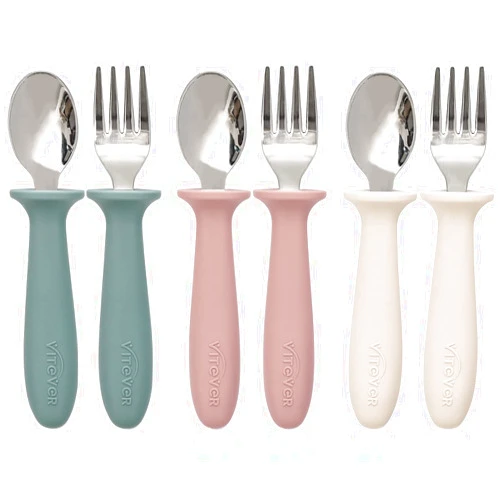 VITEVER 6 Pieces Toddler Utensils, Kids Silverware Set with Silicone Handle, Children Safe Spoons and Forks, 18/8 Stainless Steel, Food-grade Silicone - Dishwasher Safe