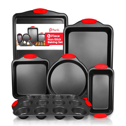 PERLLI Non-Stick 6-Piece Baking Pan Set, BPA-Free Carbon Steel Bakeware Set with Silicone Handles, Stackable Kitchen Oven Set, Cookie Sheet, Baking Tray, Baking Sheet Set, Oven Safe (446°F)