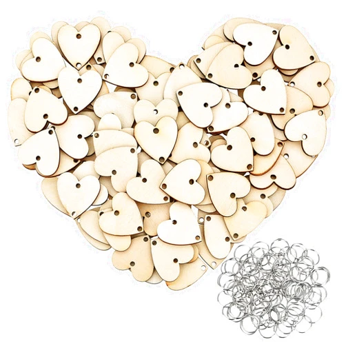 Bememo 200 Pieces in Total, Wooden Heart Tags with Holes and Rings, Family Birthday Plaque Tags Heart Shaped Wood Discs for Birthday Reminder Calendar Board Chore Boards Wedding DIY Crafts