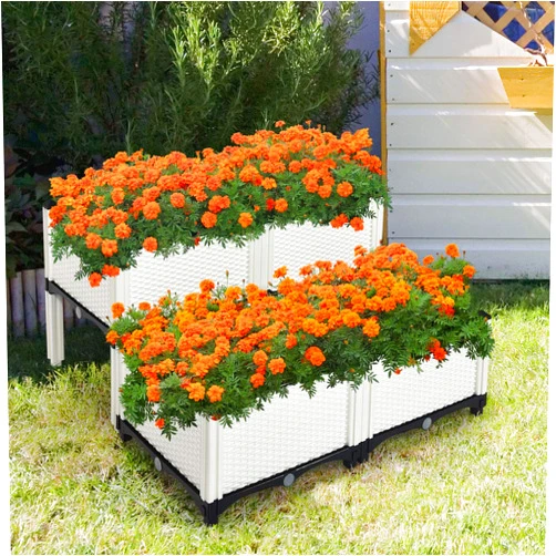 S AFSTAR Raised Garden Bed Kit Set of 4, Elevated Planter Boxes with Self-Watering Design & Removable Legs, Outdoor Plastic Planter Box for Patio Yard Balcony Gardening, Rattan Pattern (White)