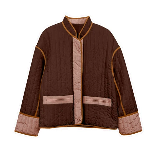 Generic Women Winter Padded Jacket Casual Color Block Quilted Jacket Long Sleeve Button Stand Collar Warm Winter Jacket