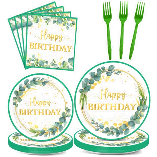 ZOIIWA 96 Pieces Greenery Eucalyptus Happy Birthday Plates Eucalyptus Birthday Themed Party Decorations Green Leaf Baby Shower Party Dessert Paper Plates Napkins Forks Supplies for 24 Guests Tableware Set