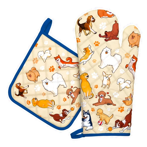 Arquiel Dogs Oven Mitts and Pot Holders Sets 100% Cotton Heat Resistant, Extra Long Oven Gloves Potholder for Kitchen Cooking Baking Housewarming