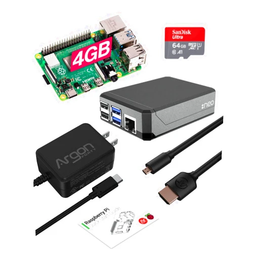 Argon Forty Argon NEO x Raspberry Pi 4 4GB Kit | Aluminum Case | 64 Gig SD Card | Micro HDMI to HDMI Cable | 18W Type-C Power Supply | Quick Start Guide