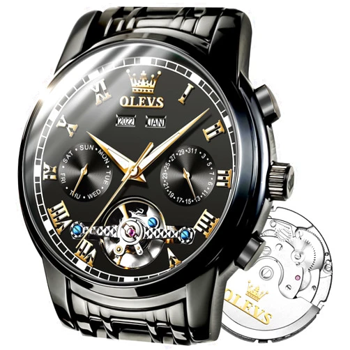 OLEVS Automatic Watch(No Battery Required) Men's Wrist Watches Self-Wind Mechanical Watches Fashion Classic Tourbillon Skeleton Watch Black Blue Green Face,Adjustable Bracelet (Gift Tool)