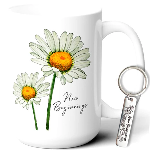 Kovan New Beginnings Box Gifts for Women, Daisy White Coffee Mug 15Oz and Keychain, Gifts for New Job, New Home, Leaving Job, Goodbye, Good Luck, Going Away, Farewell Coworker Leaving, Divorce Gifts