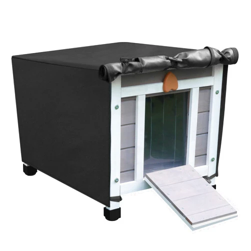 Deblue Feral Cat House with Cover, Weatherproof Wooden Cat House, Outdoor Stray Cat Shelter for Small Pets - Grey with Cover