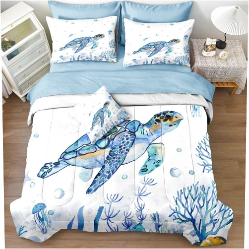 Bedorm Sea Turtle Comforter Ocean Themed Bedding Sets 6 Pieces Twin Bed in A Bag Teal Blue Turtle Sea Horse Animal Cartoon Pattern Beach Coastal Bedding Comforter (Sea Turtle, Twin)