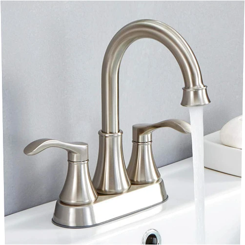 VALISY Lead-Free Commercial 2-Handle Brushed Nickel Bathroom Sink Faucet, 360° Swivel High-Arc Spout 4 Inch Centerset Lavatory Vanity Faucets Set for Bathroom Sink with Drain & Water Hoses, VLS10003BML-1