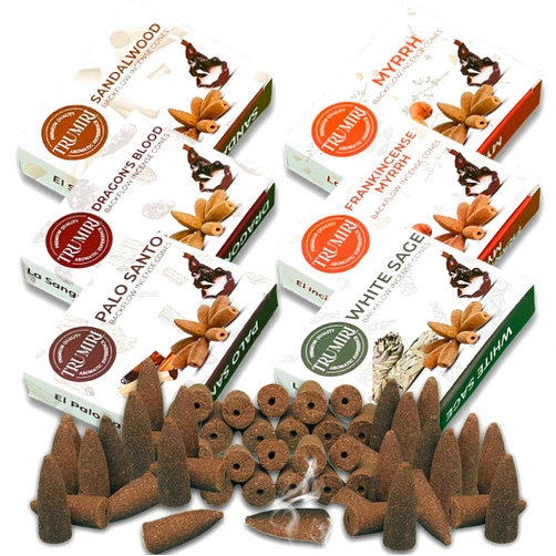 TRUMIRI Woody - Backflow Incense Cones for Waterfall - Scented Inscents-Cones - Sandalwood, Dragons Blood, Palo Santo, White Sage - Insiensos Aromaticos - 6x10=60 Large Variety Pack - Back Flow Down Reverse