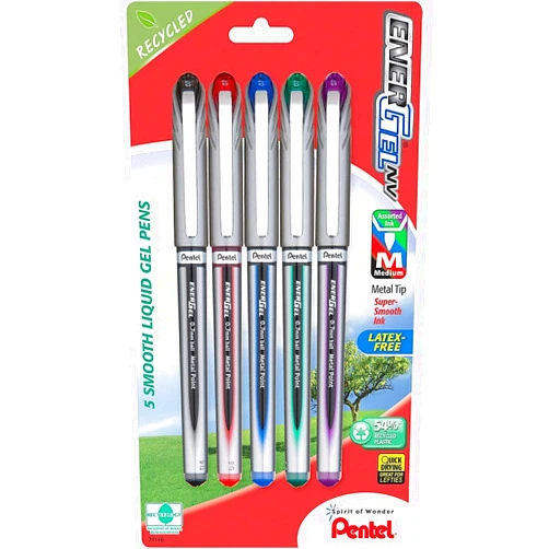 Pentel EnerGel NV Gel Ink Pen, Medium Point, Metal Tip, Assorted Ink, 5 Pack (BL27BP5M)