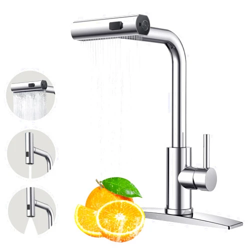 FORIOUS Kitchen Sink Faucet,Chrome Kitchen Faucets with Pull Down Sprayer, Stainless Steel Kitchen Faucet 3 in 1 Function, Waterfall Modern Faucet for Kitchen Sink, Bar, Laundry, Rv