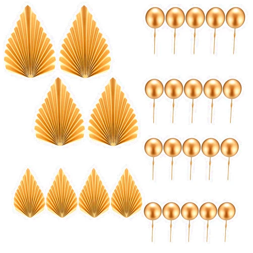 Xujinsongg 20 Pcs Gold Balls Cake Toppers, 8 Pcs Gold Palm Leaves Cake Decorations, Foam Balls Paper Palm Leaf Cake Toppers Insert Decorations for Birthday Baby Shower Wedding Party Decorations