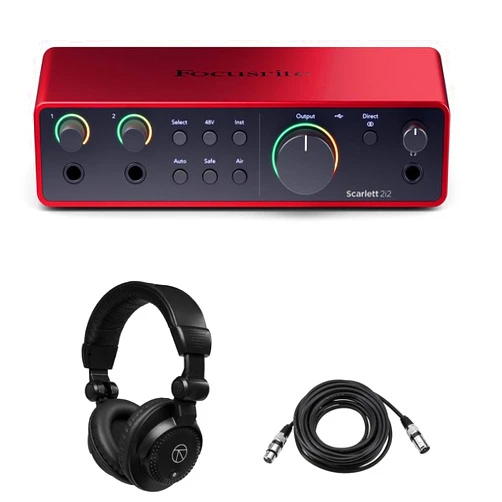 Focusrite Scarlett 2i2 4th Gen USB Interface with Software Suite, Bundle with TAPH100 Headphones and 25' XLR Microphone Cable