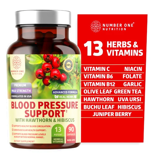Number One Nutrition N1N Premium Blood Pressure Support with Hawthorn and Hibiscus [13 Potent Ingredients], Natural Supplement to Support Blood Flow Health, 90 Caps