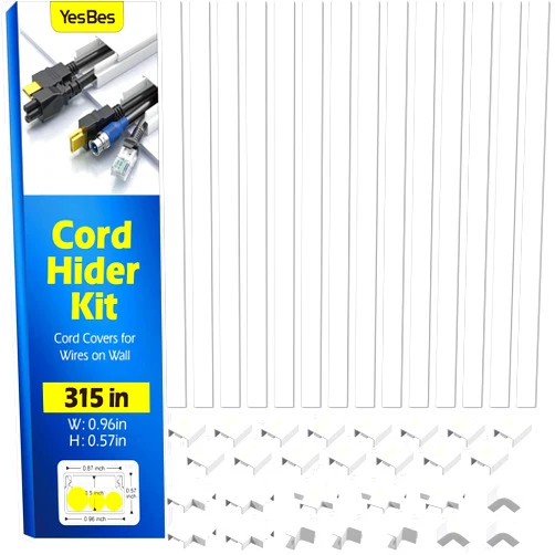 YesBes 315in Cord Hider Kit, Paintable Cable Raceway, Cord Covers for Wires on Wall, Cord Hider for Wall Mount tv, tv Cable Hider Wall kit, Wire Covers for Cords, 20X L15.7in X W0.96in X H0.57in, White