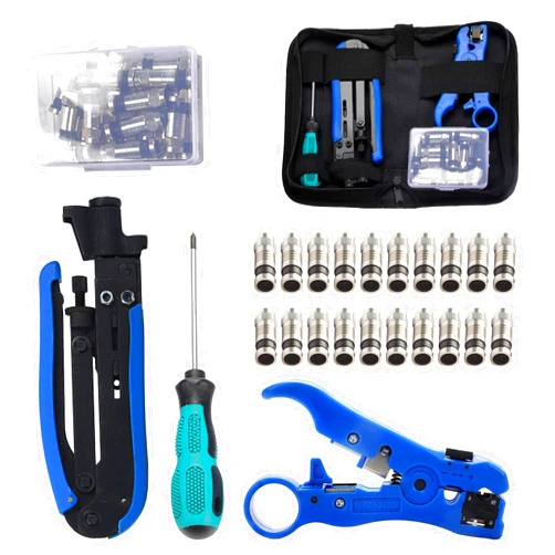 TLS.eagle Coax Cable Crimper Kit - Adjustable RG6 RG59 RG11 Coaxial Cable Stripper Pack of 20 F Compression Connectors