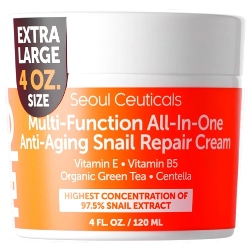 SeoulCeuticals Large 4oz 97.5% Snail Mucin Moisturizer Cream Korean Skin Care Day & Night Snail Repair for Face - K Beauty Anti Aging Facial Skincare