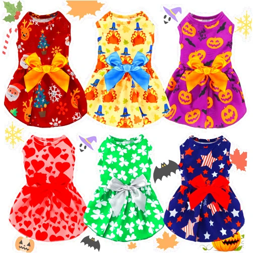 Frienda 6 Pack Unisex Small Dog & Cat Holiday-Themed Dresses (Red, Green, White; Size L; 7-9lbs; Halloween, Christmas; Easy to Clean; Fabric; Machine Washable)