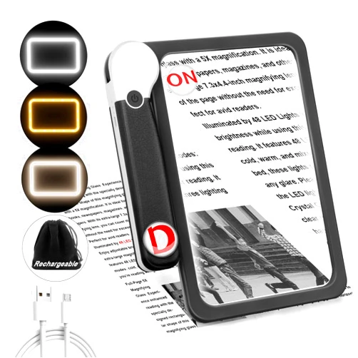 NZQXJXZ 30X 10X 5X Large Magnifying Glass with Light, Rechargeable Foldable Full Book Page Magnifier, 48 LED Light Small Print Magnifier Sheet Lightweight for Low Visual Person Seniors Black