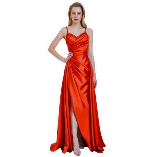 UMLXYER Prom Dresses for Women 2024 V-Neck Spaghetti Strap Satin Beaded Pleated Evening Party Gowns with Slit Long Ball Gown
