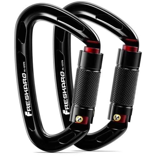 FresKaro 25kN UIAA Certified Climbing Carabiner Clips, 4inches Auto Locking, Heavy Duty Carabiners for Rock Climbing, Mountaineering with Knots Flashcards Guide, 2pack, Black
