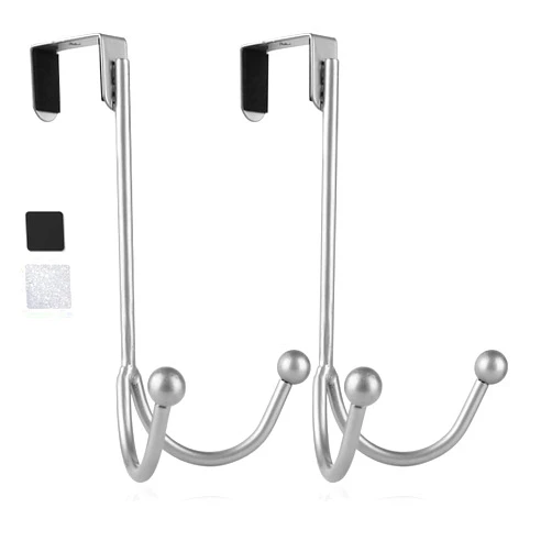 HFHOME 2Packs Over The Door Double Hanger Hooks, Metal Twin Hooks Organizer for Hanging Coats, Hats, Robes, Towels- Silver