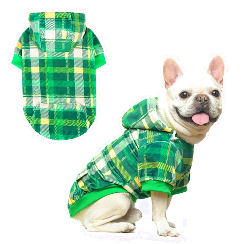 BEAUTYZOO Plaid Dog Hoodie - British Style Fleece Dog Sweater with Pocket and Leash Hole, Puppy Sweatshirt Pullover Cozy Warm Pet Outfit for Small Medium French Bulldog Coats, Green