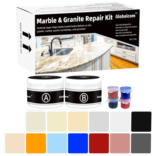 Globalcom Marble and Granite Repair kit Porcelain Marble Stone and Quartz Countertops Repair kit for Chips Dents Cracks Holes Scratchs, Fix Chipped Edges Corners, Reattaches or rebuilds Missing Pieces