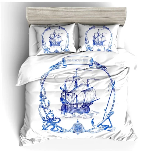 Erosebridal Sailboat Bedding Set Nautical Decor Duvet Cover Queen Size Blue Retro Sailboat Bedding Soft Duvet Cover Compass Anchor Pattern Decor Comforter Cover Soft Breathable Quilt Cover for Adult Teens Kids