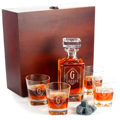 Personalization Lab Personalized Whiskey Decanter Set with Glasses, 5 PC - 4 Optional Designs - Custom Whiskey Liquor Decanter 25 Oz with 4 Whiskey Glasses, Personalized Gifts for Men, D3