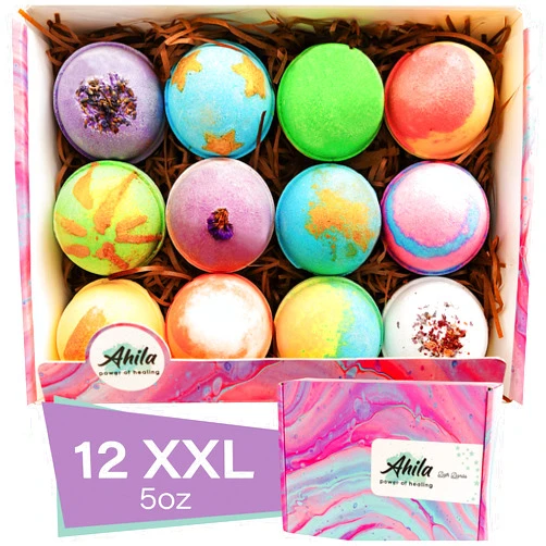 Ahila power of healing 12 XXL Bubbly Organic Bath Bombs Gift Set for Women Men and Kids Designed in Canada Long Lasting Floaters Relaxing Aromatherapy Rich in Pure Essential Oils Healing Properties