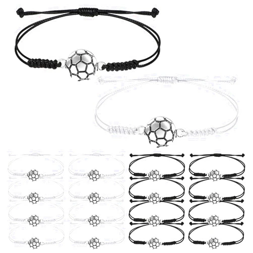 KALIONE Soccer Charm Bracelets, 14 PCS Adjustable Soccer Ball Beads Bracelets Black White Braided Rope Soccer Wristbands Soccer Sports Party Favors Gift Bracelet Accessories for Women Men Teens Team Players