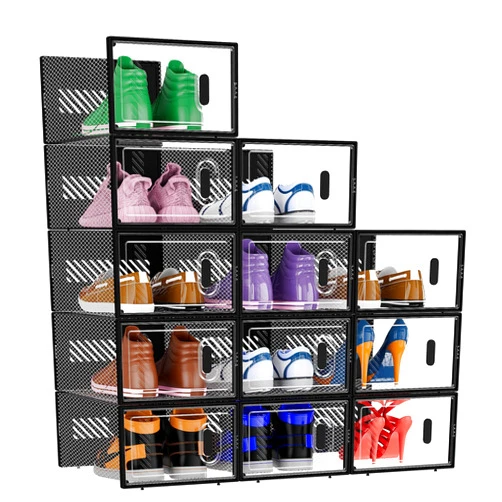 BALEINE 12 Pack Stackable Shoe Storage Boxes Fit Size 11, Thickened Clear Shoe Box Bins with Lids, Plastic Foldable Organizer Sneaker Storage Containers (X-Large, Black)