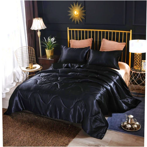 NTBED Silky Satin Comforter Set Queen Black, Soft Lightweight Microfiber Luxury Sexy Quilted Bedding Sets with 2 Matching Pillow Covers for Summer Spring Autumn