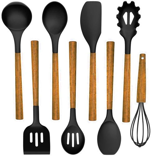 Umite Chef Silicone Cooking Utensil Set, Umite Chef 8-Piece Kitchen Set with Natural Acacia Wooden Handles,Food-Grade Silicone Heads-Silicone Kitchen Gadgets Spatulas Set for Nonstick Cookware- Black
