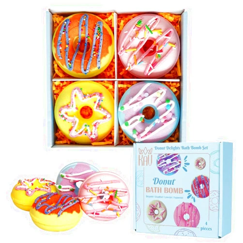 KAV Bath Bombs, 4 Donut Bath Bomb Gift Set, Natural Organic Bubble Bathbombs for Women, Gifts Stocking Stuffers Christmas Easter Self Care Gift Set for Ladies Girls Kids - 4 Scents