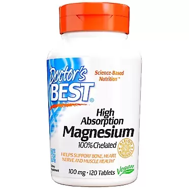 Doctor's Best High Absorption Magnesium Glycinate Lysinate, 100% Chelated, TRACCS, Not Buffered, Headaches, Sleep, Energy, Leg Cramps, Non-GMO, Vegan, Gluten Free, Soy Free, 100 mg, 120 Tablets
