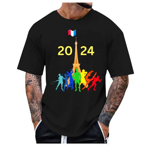 BDRFSAYH Men's Polo Shirts 2024 France Fashion Short Sleeve Tops Tower Letter Print Casual T Shirts Men Tunic Tops Summer Blouse