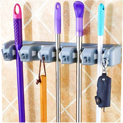 ColorMilky Broom Holder Wall Mount, Broom and Mop Holder Wall Mount with 6 Hooks Organizer Rack 16 inch Long Garage Tools Organizer Gray