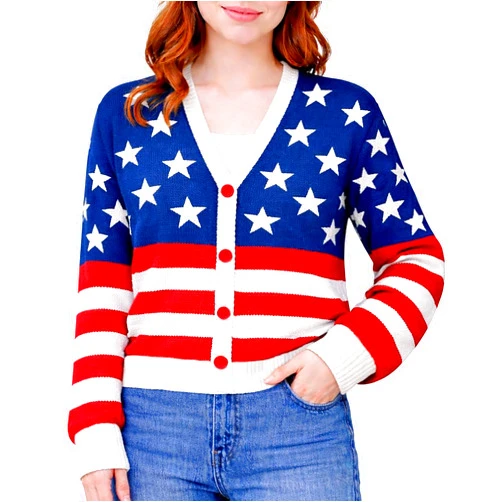 IZI POD Women’s Patriotic Cardigan Sweater, USA Flag Inspired Knit V Neck Button Down,4th of July 250th Independence Day Tee